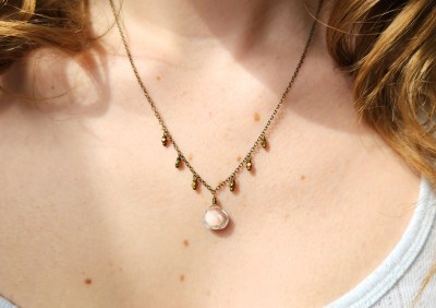 Delicate Clear Quartz and Antique Brass Bead Fringe Necklace