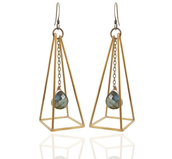 Labradorite Brass Pyramid Gemstone Earrings 3-D Statement