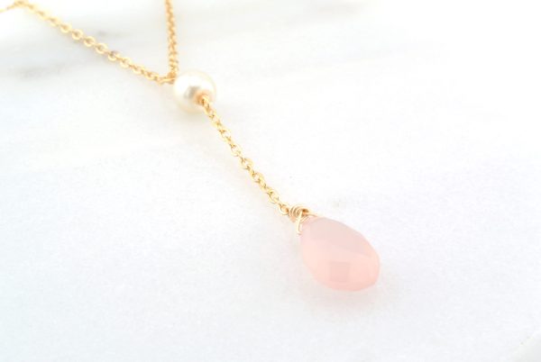 Rose Chalcedony and Pearl Gold Dainty Y Necklace