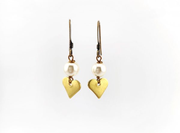 Dainty Heart and Pearl Earrings in Brass Metals