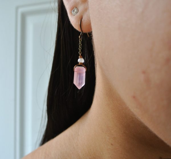 Rose Quartz crystal point Y earring