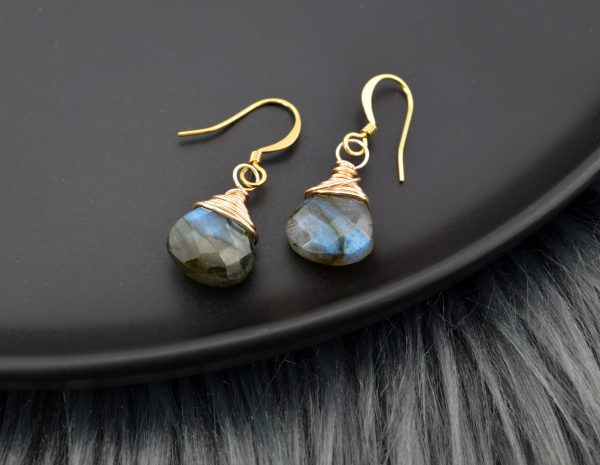 Labradorite Wrapped Teardrop Gold Drop Earrings