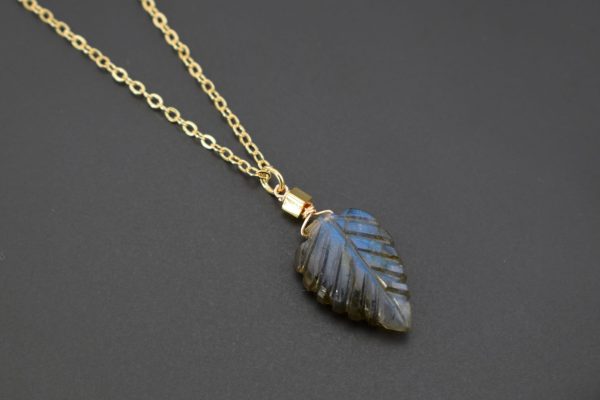 Carved Labradorite Leaf Pendant Necklace in Gold