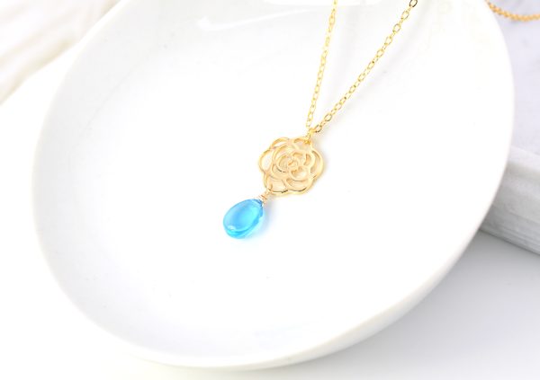 Blue Quartz Gold Rose Pendant Necklace