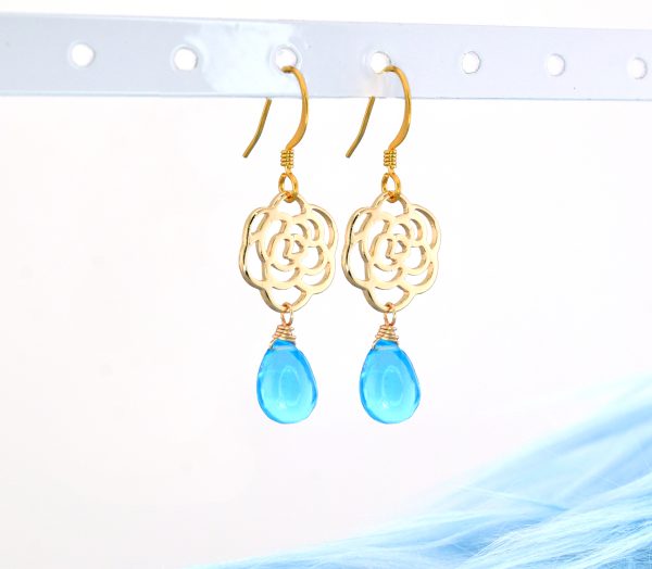 Blue Quartz Gold Rose Earrings