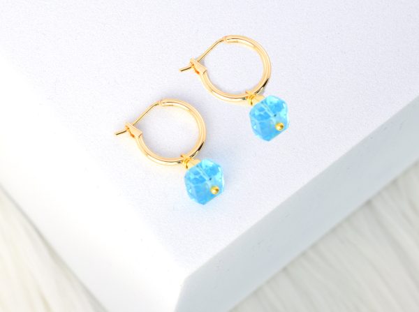 Blue Quartz Faceted Cube Small Gold Hoops