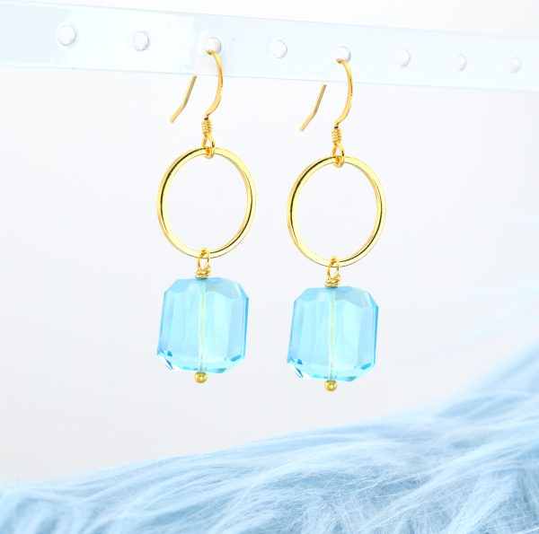 Blue Quartz Rectangle Gold Circle Earrings