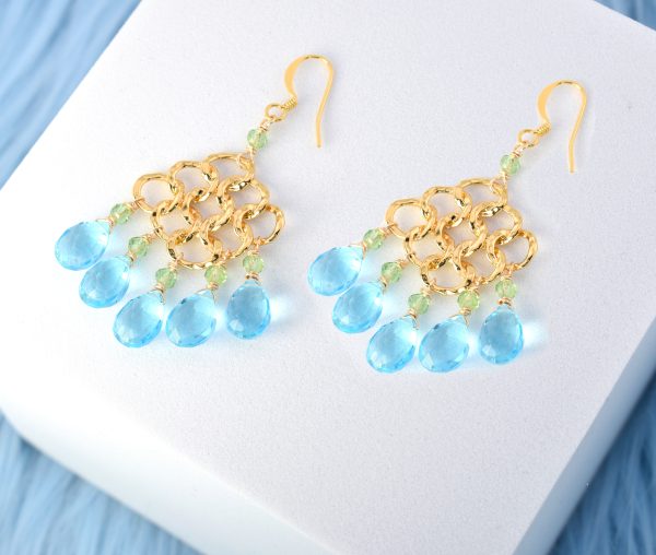 Blue Quartz and Green Crystal Chandelier Earrings