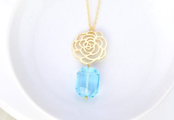 Blue Quartz Rectangle Gold Rose Long Necklace