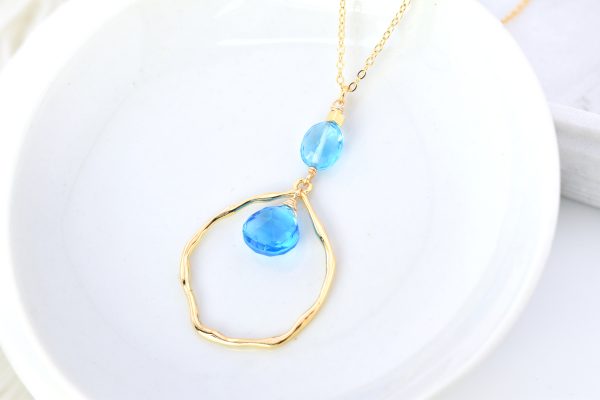 Blue Quartz Gold Molten Pendant Necklace on Long Chain