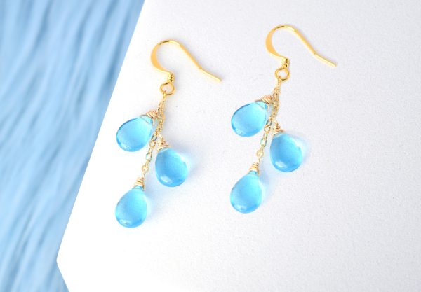 Blue Quartz Triple Smooth Vertical Gold Chain Earrings