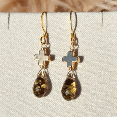 Gold Foil Smoky Quartz Cross Earrings