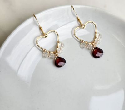 Garnet and Quartz Wrapped Heart Earrings