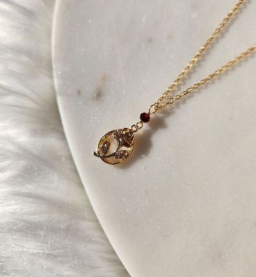 Gold Rose Charm Necklace with Garnet Bead