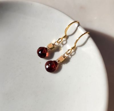 Garnet and Cube Gold Earrings