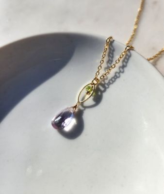 Light Amethyst and Peridot Dainty Marquis Necklace