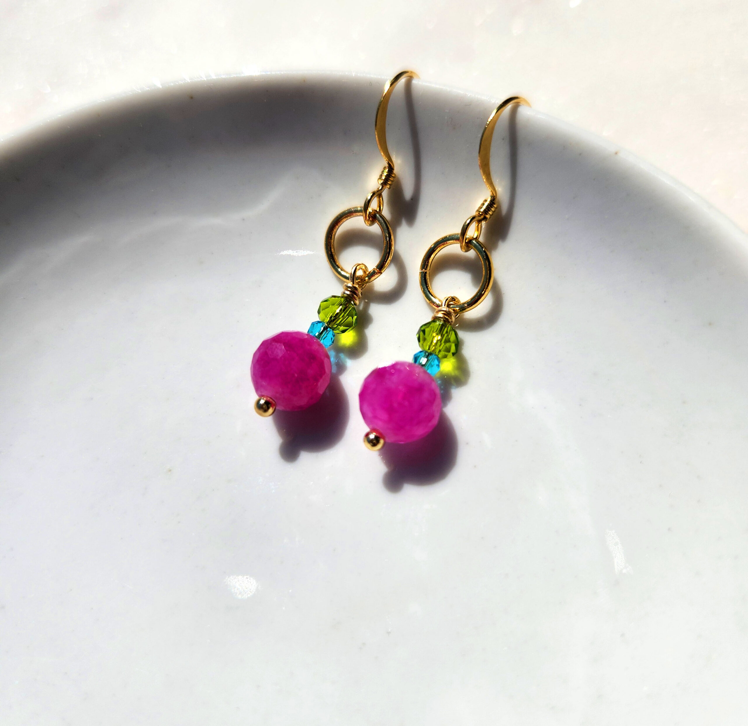 CB-41 Gold ringlet dangle earrings with jade stones